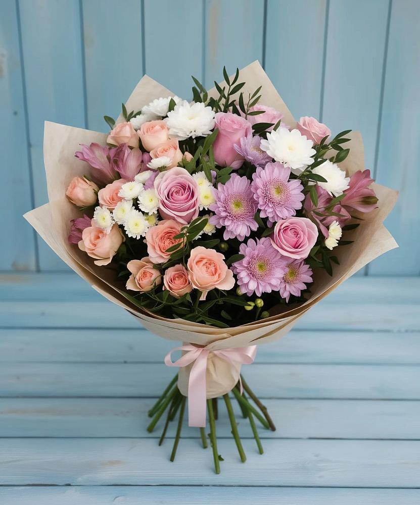Букет цветов из: Хризантемы, Розы и Альстромерии в Нижнем Икорце