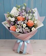 Букет цветов из:  Лизиантусы, Розы, Альстромерии и Гипсофила #REPLACE_PRED# Нижнем Икорце