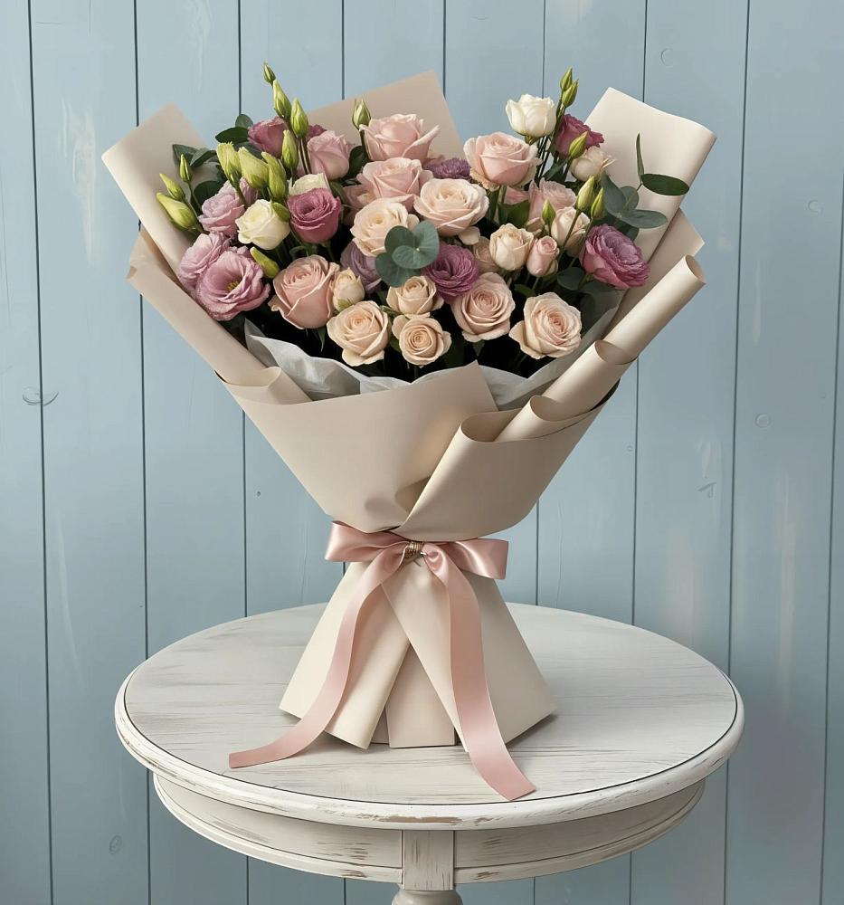 Букет цветов из: Розы и Лизиантусы в Нижнем Икорце