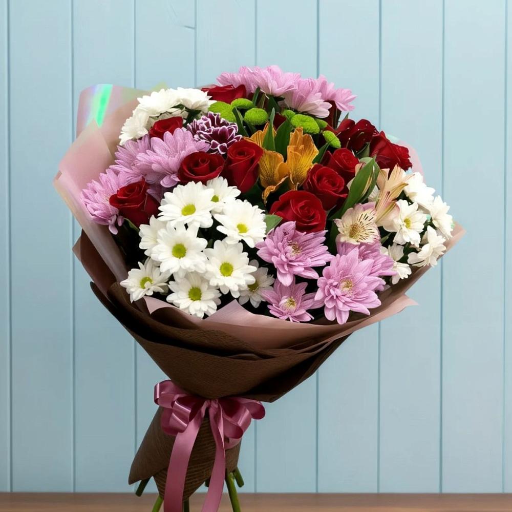 Букет цветов из: Розы, Хризантемы и Альстромерии в Нижнем Икорце